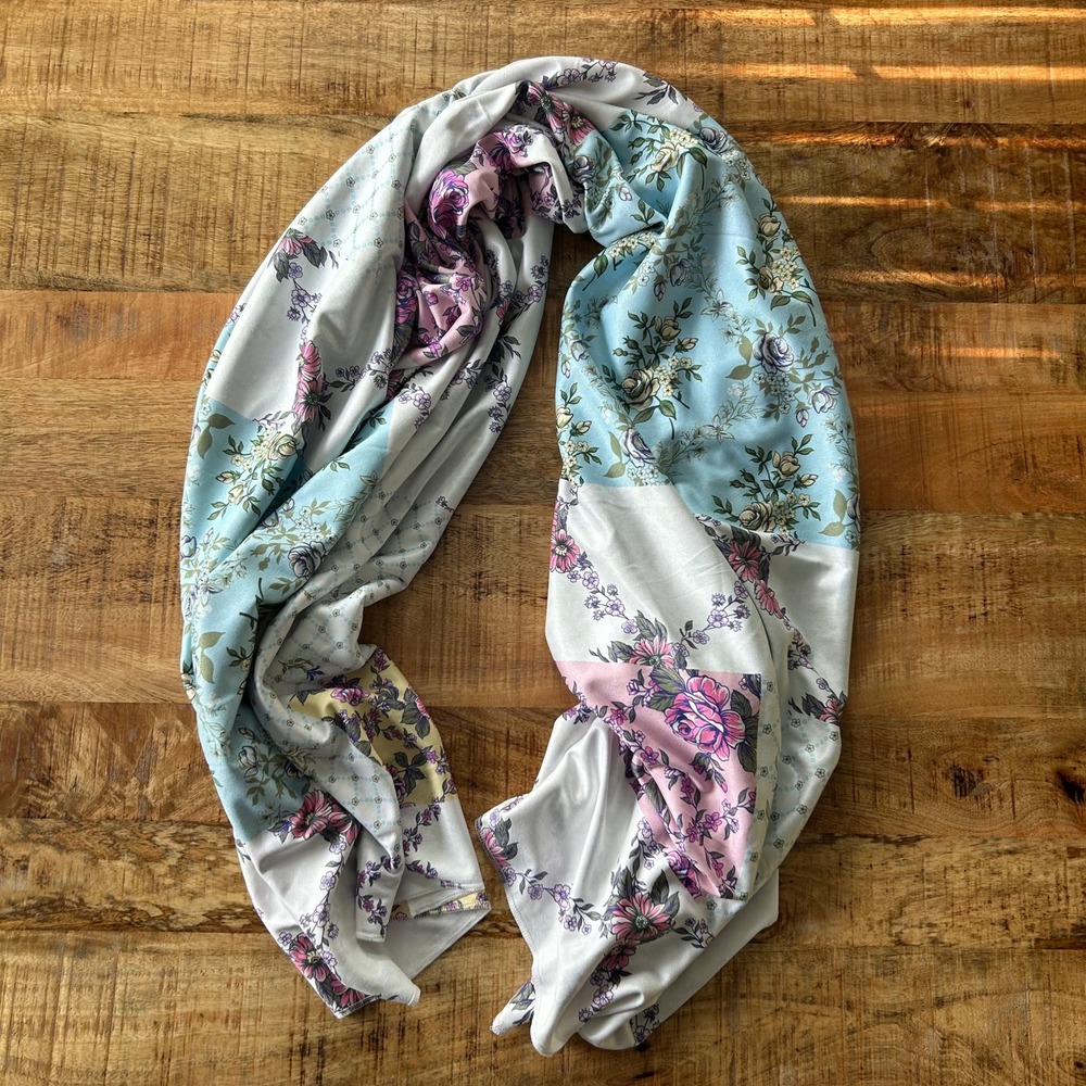 Simply Southern Floral Patchwork Scarf Pastel Blue Pink White Botanical Print